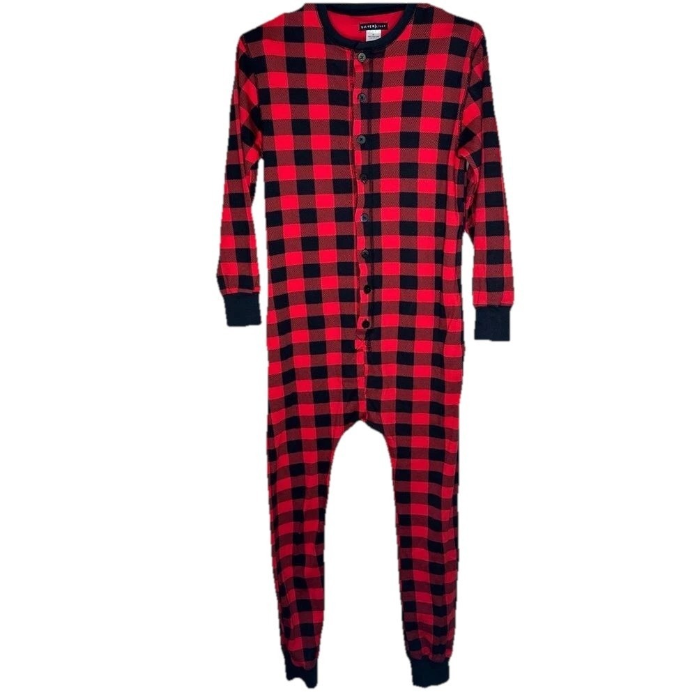 Silver Lilly Union Suit Red Black Buffalo Plaid Cotton Pajamas Trap Door XS Chic